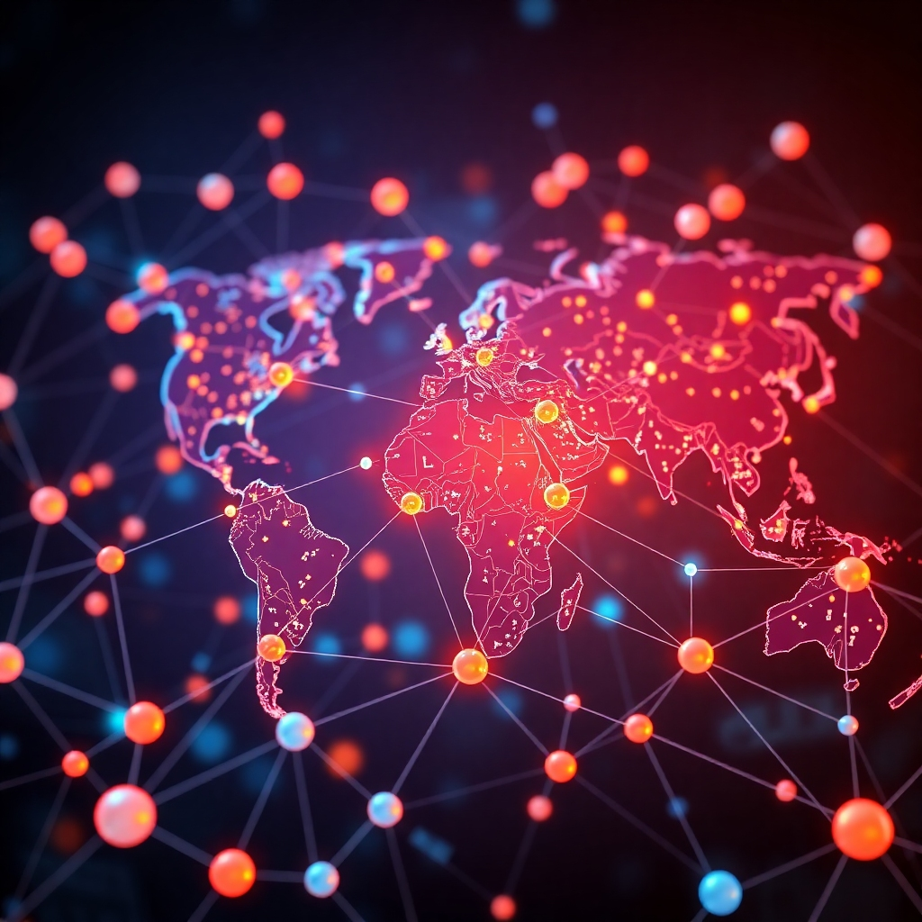 A photorealistic image depicting a futuristic, interconnected global network representing a decentralized financial system.  The nodes should be diverse in size and design, illustrating the participation of various financial actors. The network should be robust and resilient, symbolizing stability and accessibility. Use vibrant colors to highlight the global connectivity and dynamic nature of this new financial ecosystem. The overall mood should be one of stability, security, and global collaboration.