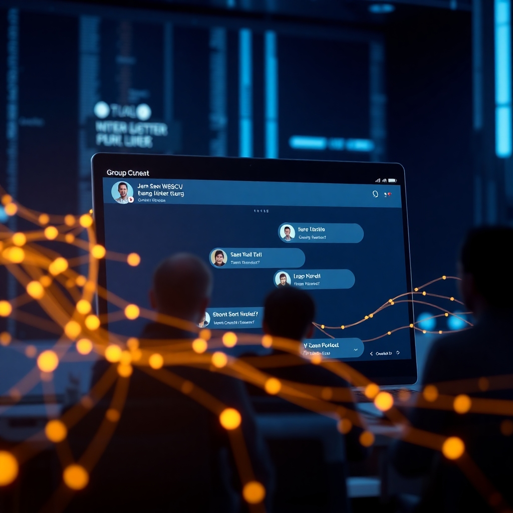 A photorealistic image depicting a group chat application interface with multiple users actively chatting, alongside a visual representation of the WebSocket communication protocol represented by glowing lines and data packets flowing between the client and server.  The background should have a futuristic, modern feel, emphasizing the real-time nature of the technology.