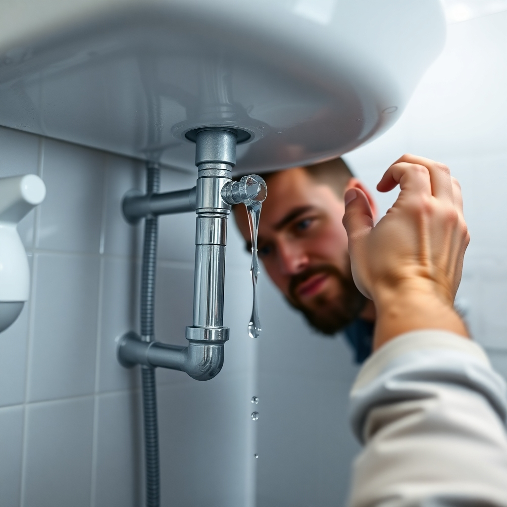 A photorealistic image depicting a person checking for leaks under a sink. The image should show water dripping from a leaky pipe under the sink, clearly visible.  The person should be carefully inspecting the pipes and connections. The setting should be a clean and well-lit bathroom, emphasizing the details of the pipes and the leak.