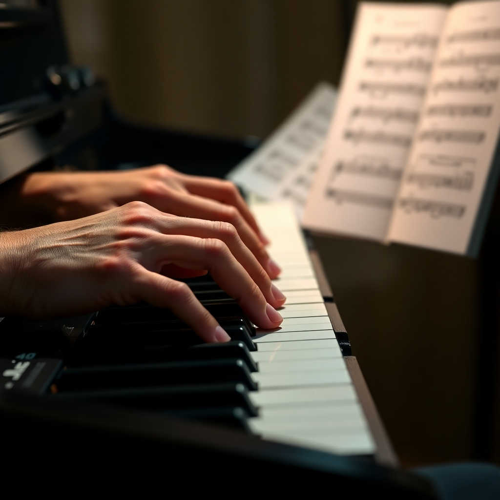 A photorealistic image depicting a close-up view of hands actively playing a musical instrument, such as a piano keyboard or guitar fretboard. The image should focus on the detail of the fingers interacting with the instrument, showing precision and technique.  The background should be slightly blurred, showing sheet music or a music book, suggesting structured learning.