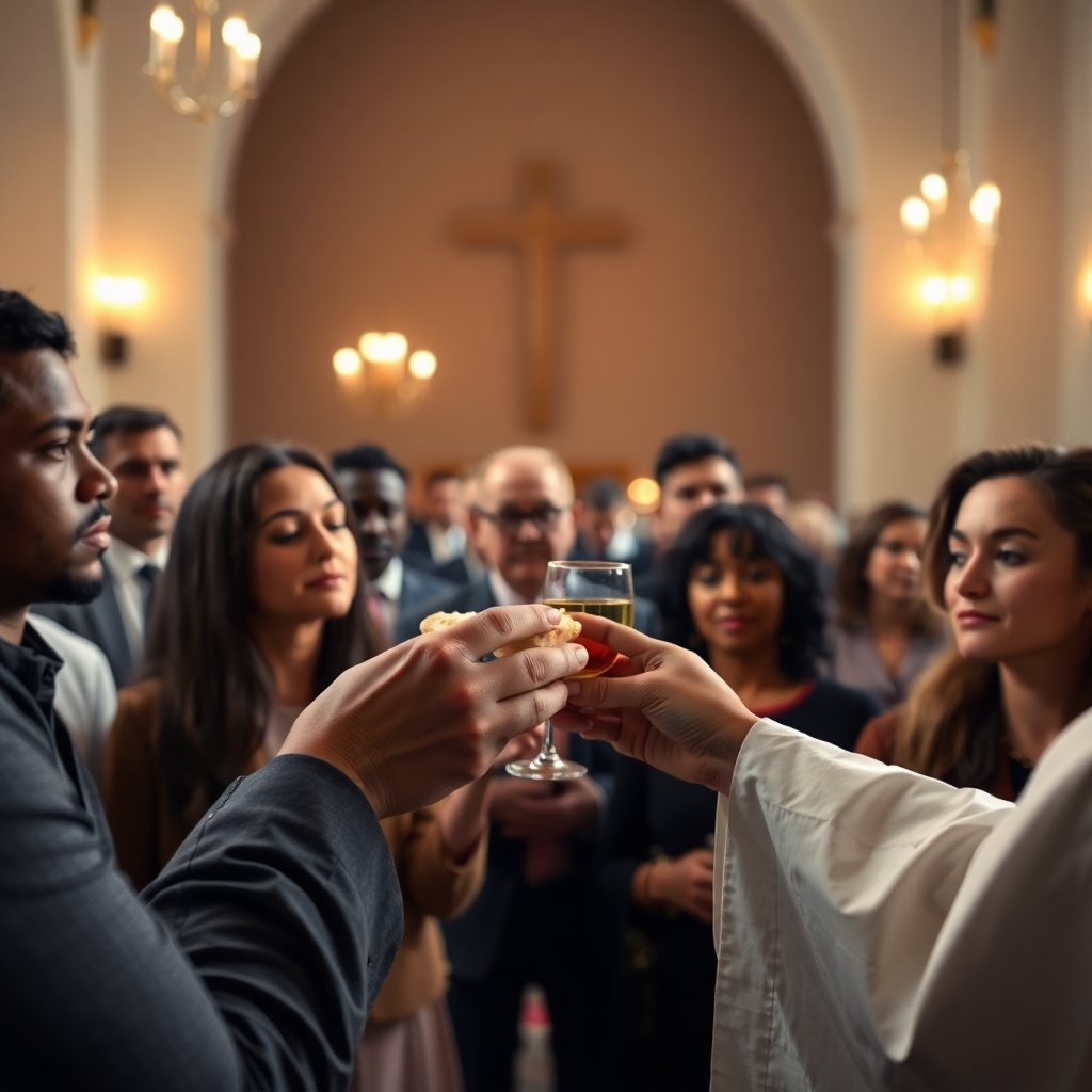 A photorealistic image depicting a contemporary Holy Communion service. Focus on the hands of a priest or minister offering bread and wine to a congregation.  The scene should capture the reverence and solemnity of the moment, showing attentive faces of diverse people in a quiet, well-lit church setting. Details like the bread, wine, and the expressions of the participants should be clearly visible to enhance the realistic and emotional impact of the image.