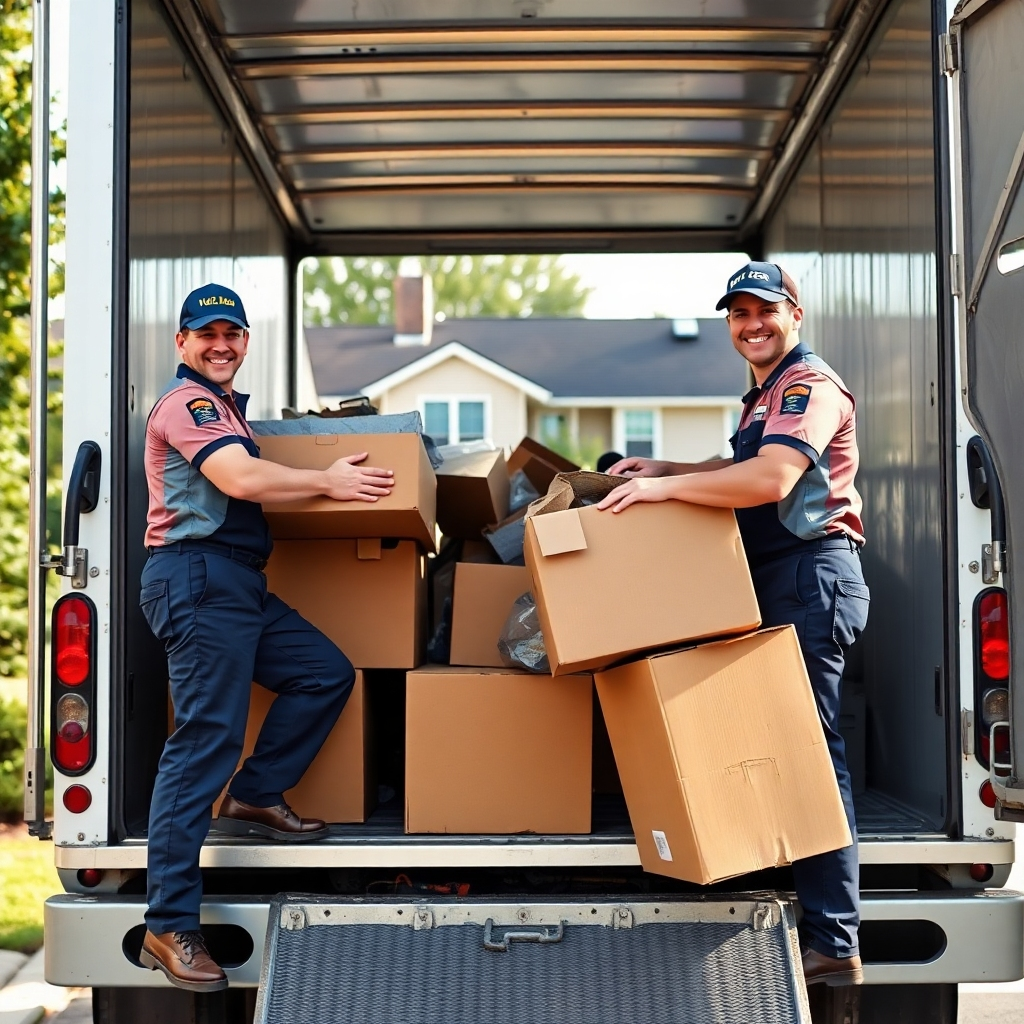 A photorealistic image depicting two friendly, uniformed junk removal professionals efficiently loading a variety of junk items, such as furniture and boxes, into a clean, branded junk removal truck.  The background should be a residential suburban neighborhood, and the scene should convey a sense of calm efficiency and professionalism. The lighting should be bright and natural, with a focus on the positive expressions on the workers' faces and the organized nature of their work.