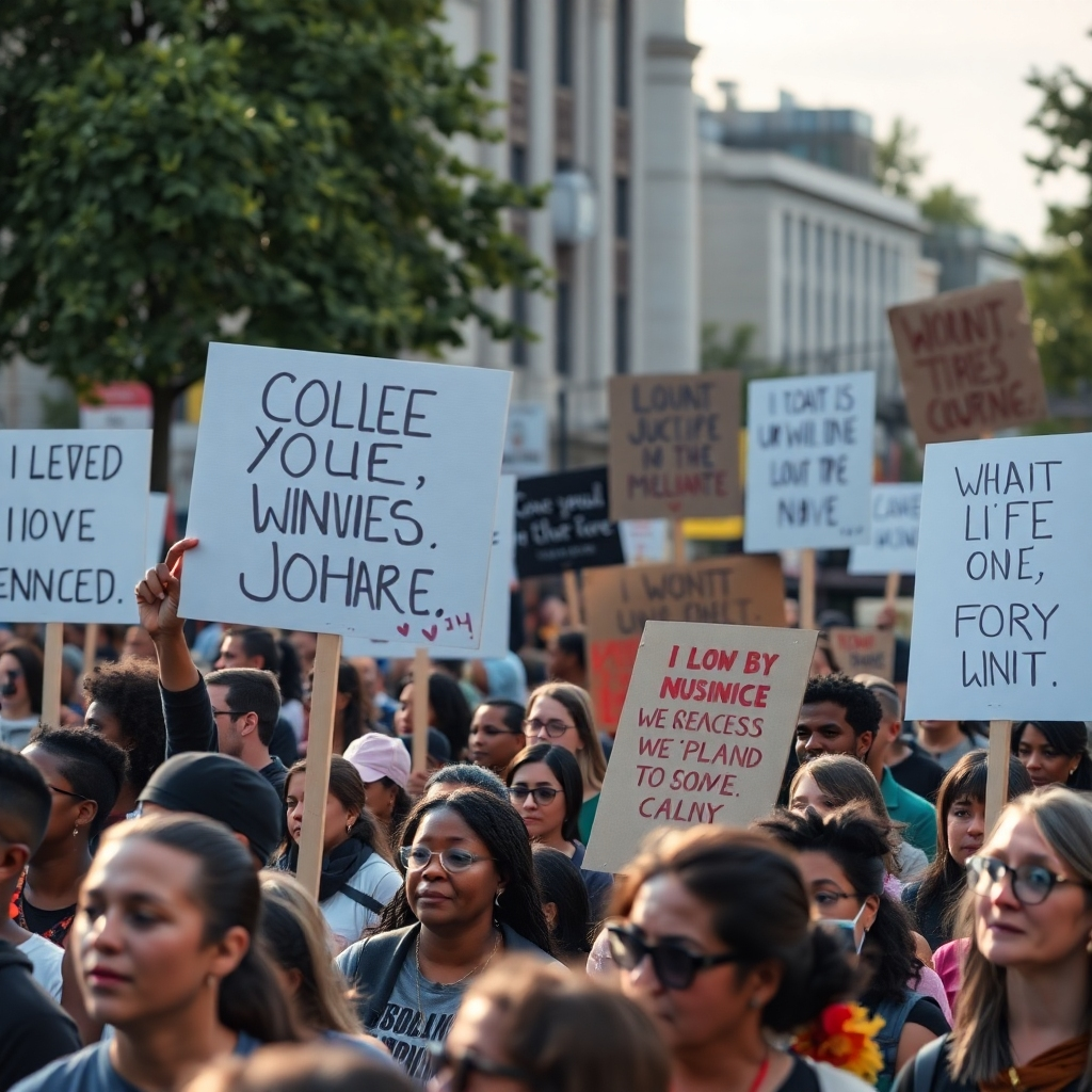 A photorealistic image depicting a peaceful and diverse demonstration or rally organized by a church.  The focus should be on the positive and unified message of social justice and equality, featuring signs with uplifting messages and a wide range of people of different ages, ethnicities, and backgrounds participating peacefully. The image should capture a hopeful atmosphere, symbolizing unity and strength in the pursuit of justice.
