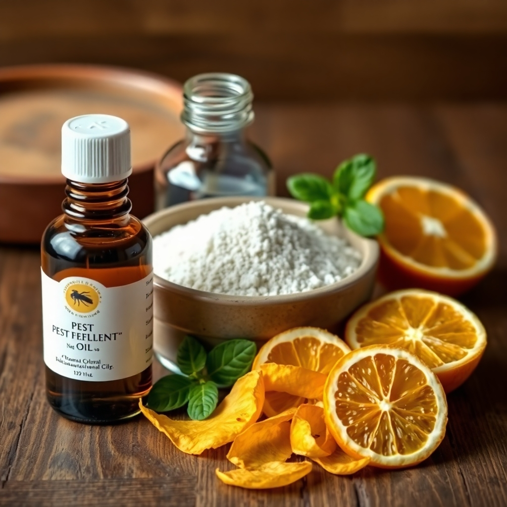 A photorealistic image depicting various natural pest repellents neatly arranged: a bottle of peppermint oil, a small bowl of diatomaceous earth, and some dried citrus peels. The background should be a rustic wooden table, and the overall scene should be warm and inviting, suggesting a natural and safe pest control approach.