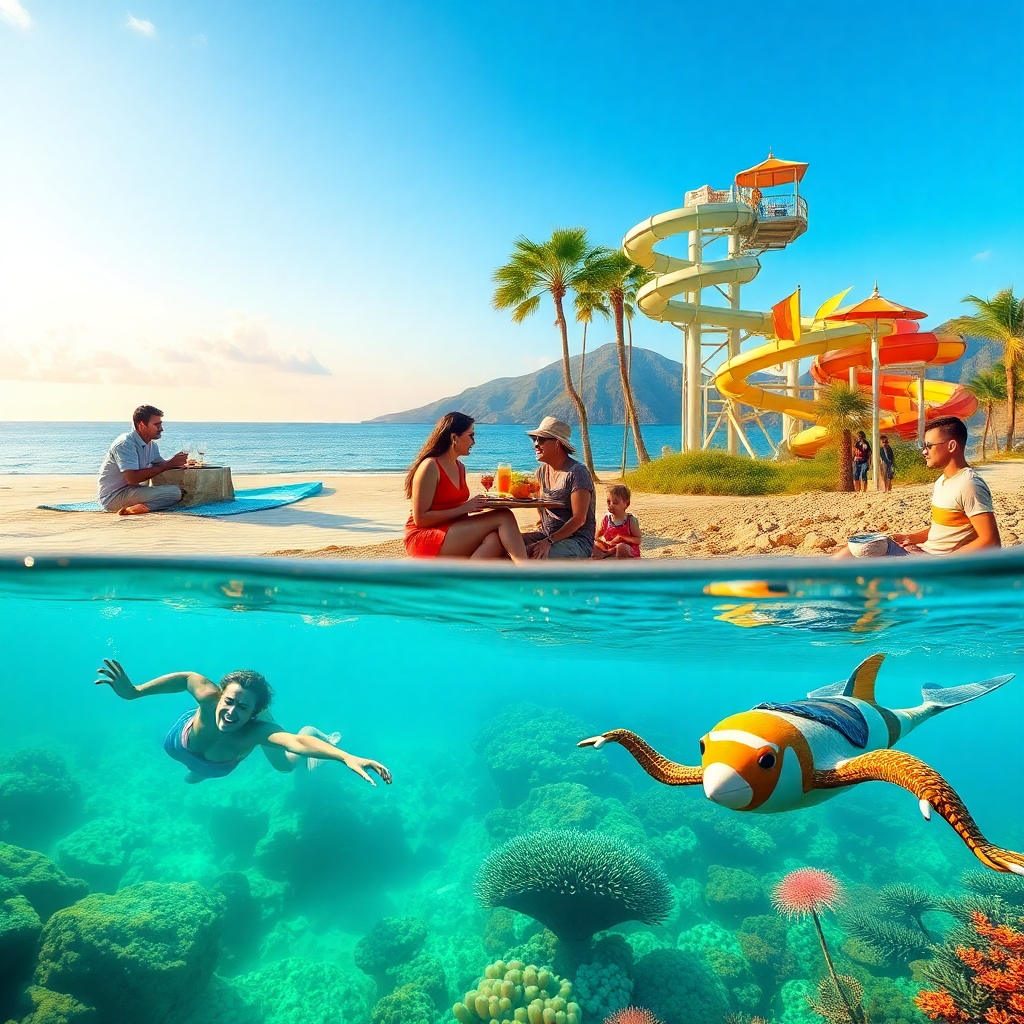 A photorealistic image depicting a diverse range of vacation activities: a couple enjoying a romantic dinner on a beach, a family having fun at a water park, a group of friends hiking in a mountain range, and someone snorkeling in a vibrant coral reef.  The image should be bright, dynamic, and showcase a variety of exciting travel experiences. Include a subtle Save, Share, Prosper watermark.