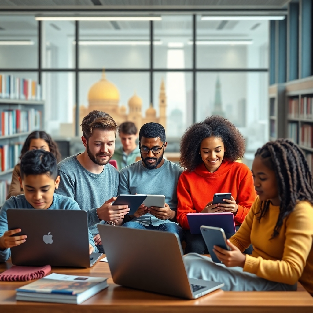 A photorealistic image depicting a diverse group of students of different ages and backgrounds, some in a modern, brightly lit library, others in their homes, all engaged in online learning using various devices like laptops, tablets, and smartphones.  The background should subtly show landmarks from different countries, emphasizing global reach.  The overall mood should be one of inclusivity, ease, and opportunity.