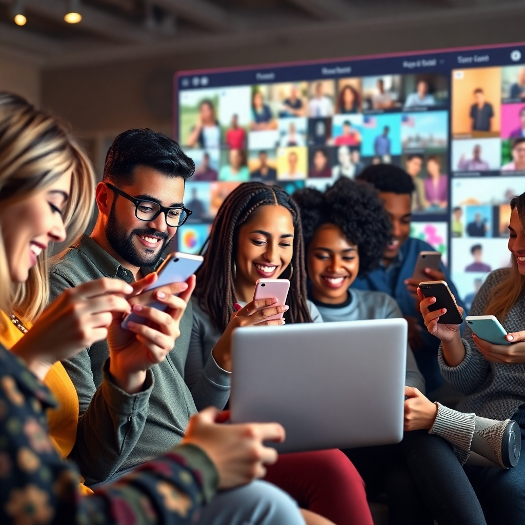 A photorealistic image depicting a diverse group of people actively engaging with various social media platforms on their smartphones and laptops.  The background should showcase a vibrant, visually appealing feed of diverse content,  emphasizing the social and interactive aspect of social media marketing.  The image needs to convey a sense of community and connectivity.