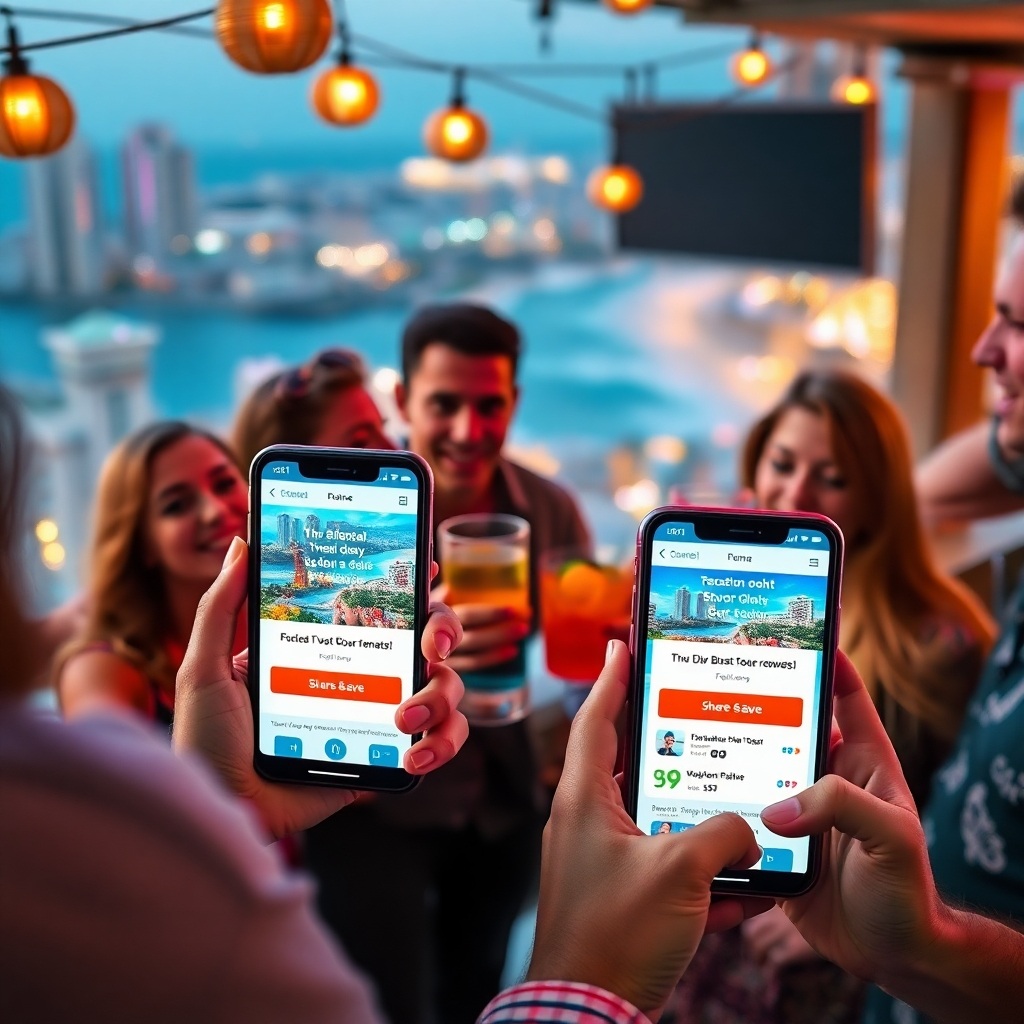 A photorealistic image depicting a group of friends celebrating with drinks in a lively atmosphere, possibly a rooftop bar or a vacation rental.  Their smartphones display our website with a prominent 'Share & Save' button. The background should showcase a vibrant city or tropical beach, depending on the deal highlighted, creating an atmosphere of fun and shared experience.