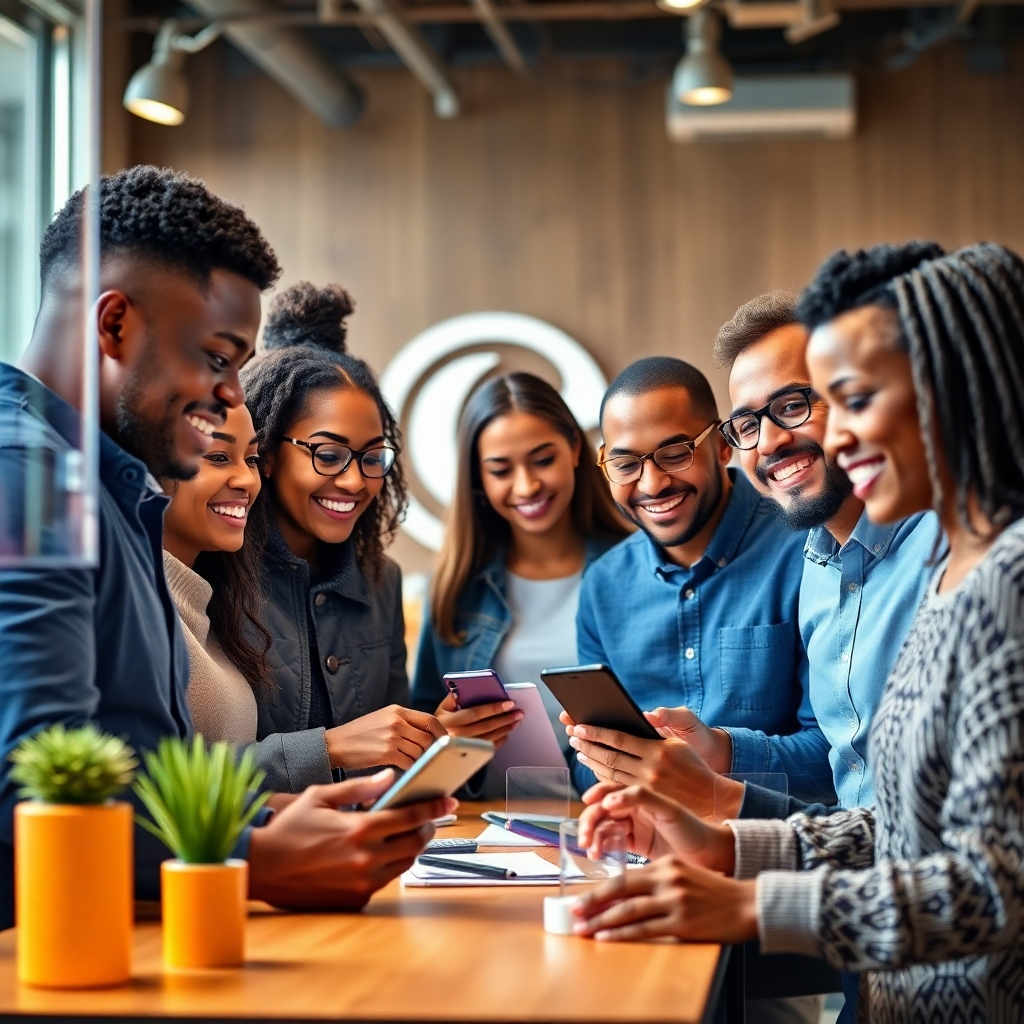 A photorealistic image depicting a diverse group of people interacting positively with a company's products or services. Show happy customers using the product and engaging with the brand, with a warm, inviting atmosphere and bright lighting. The background should subtly showcase the company's logo or branding.