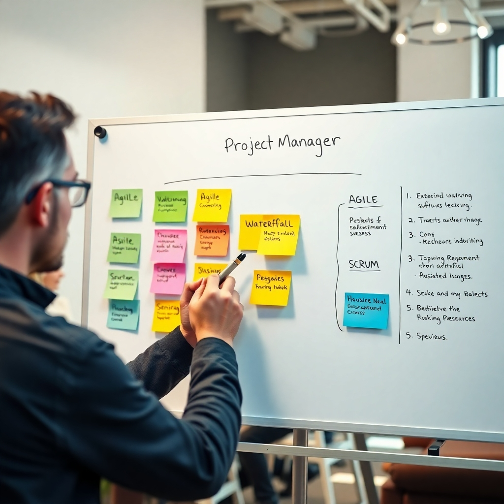 A photorealistic image depicting a project manager using a whiteboard to map out a software development project, with different colored sticky notes representing Agile, Waterfall, and Scrum methodologies, each with pros and cons listed beside them. The background should subtly show a diverse team collaborating.