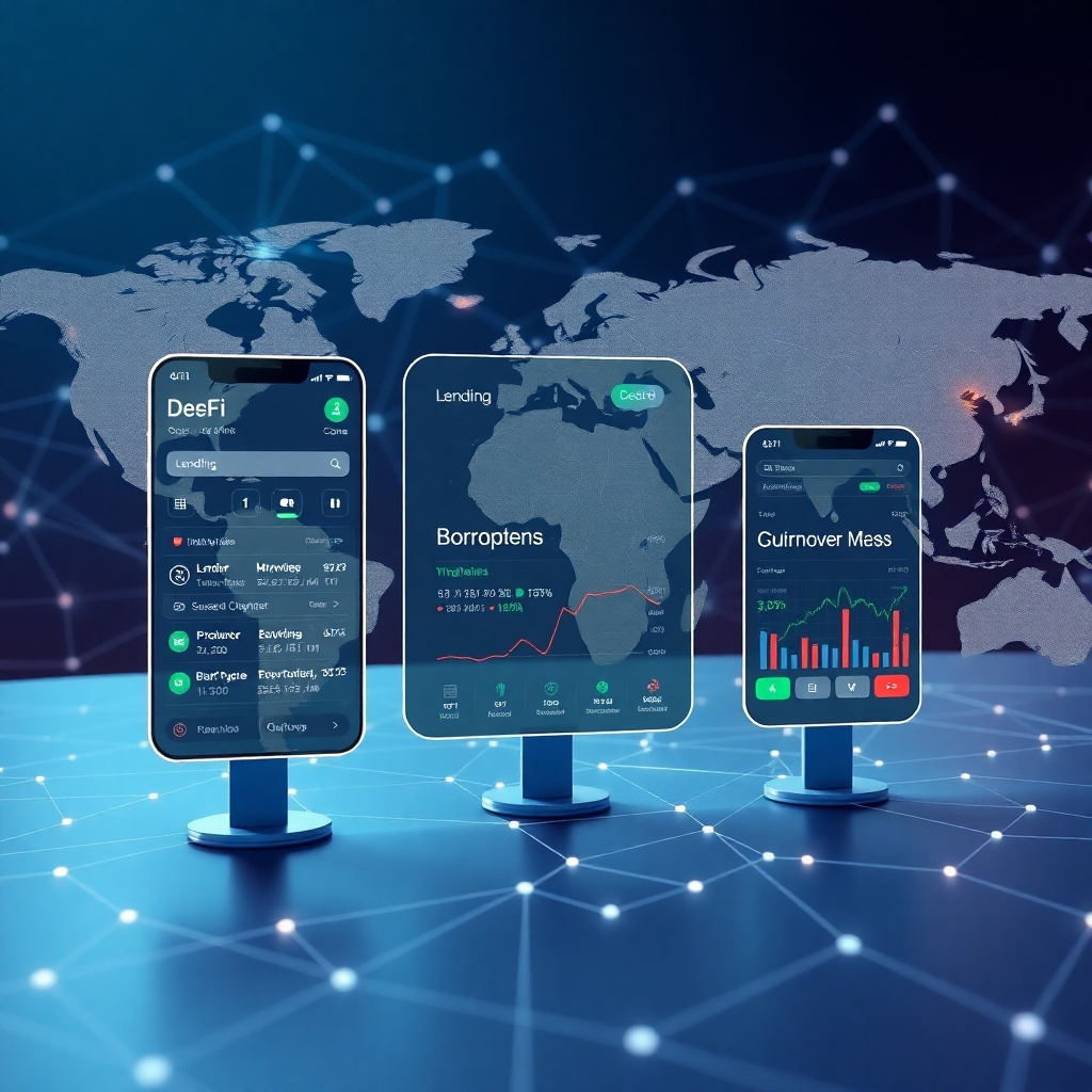 A photorealistic image depicting a futuristic, minimalist interface showing various DeFi applications such as lending, borrowing, and trading, with data visualizations highlighting transactions in real-time.  The background should showcase a globally interconnected network, symbolizing borderless financial transactions and a decentralized system.