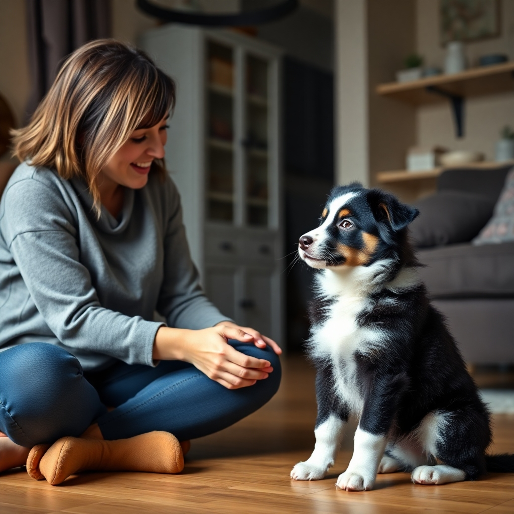 A photorealistic image depicting a person patiently working with a Border Collie puppy on basic obedience commands in a quiet home setting.  The scene should show multiple attempts with gentle corrections and positive reinforcement, highlighting the process over immediate success.