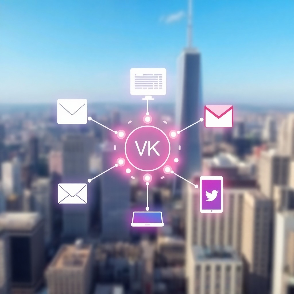 A photorealistic image depicting a central hub connecting various digital platforms like a website, social media icons (Facebook, Instagram, Twitter, etc.), email, and a mobile app.  The connections should be vibrant and dynamic, with data streams flowing between them. The background should be a blurred city landscape representing the diverse digital environment. The image should visually suggest a unified and interconnected marketing strategy.