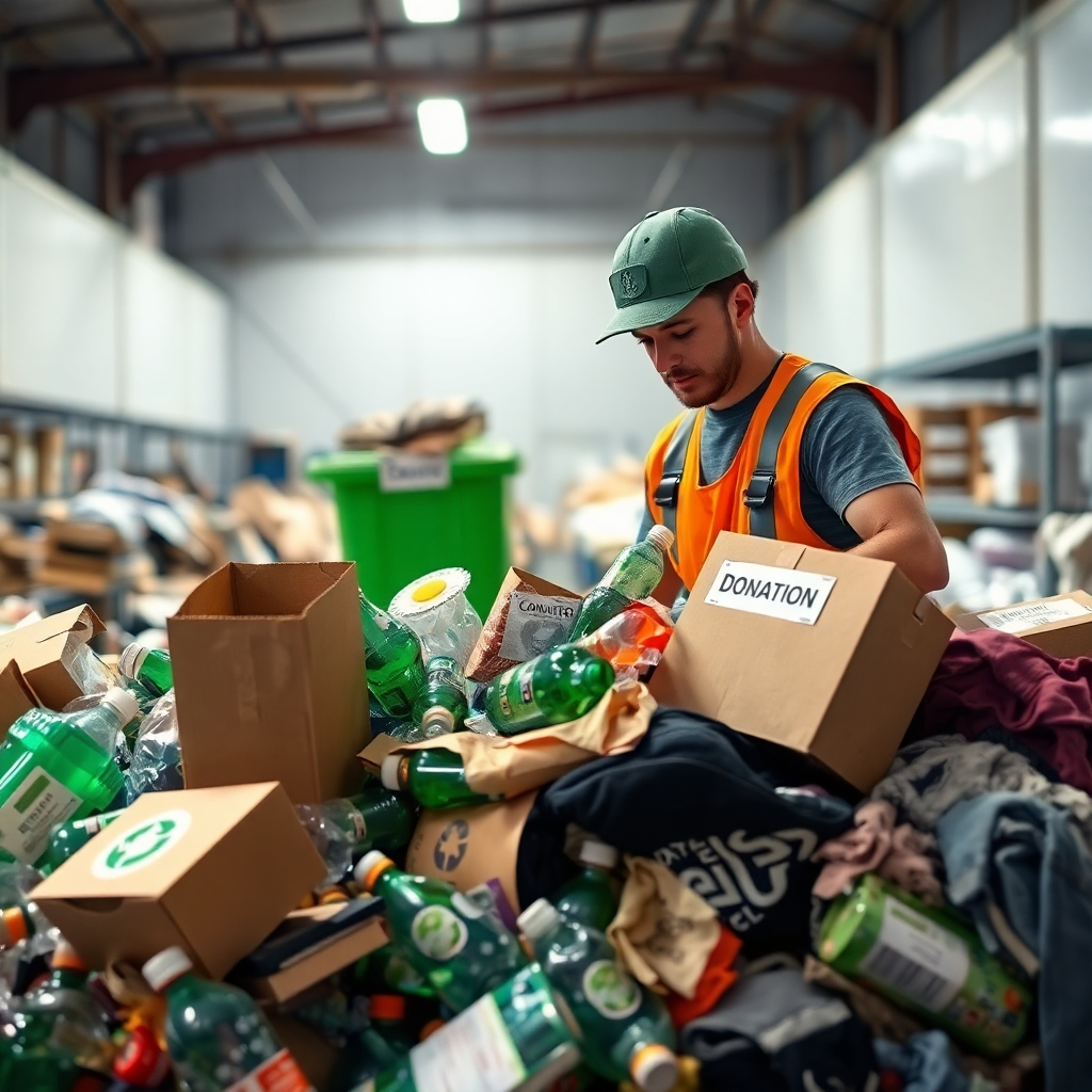 A photorealistic image depicting a junk removal worker carefully sorting through a pile of discarded items.  Some items are clearly marked for recycling (cardboard, glass bottles) and others for donation (furniture, clothing).  The background should be a clean, organized recycling/donation center. The image should emphasize the careful and responsible handling of the discarded materials and highlight the environmental benefits of the process.  The image should convey a sense of order, cleanliness, and responsibility.