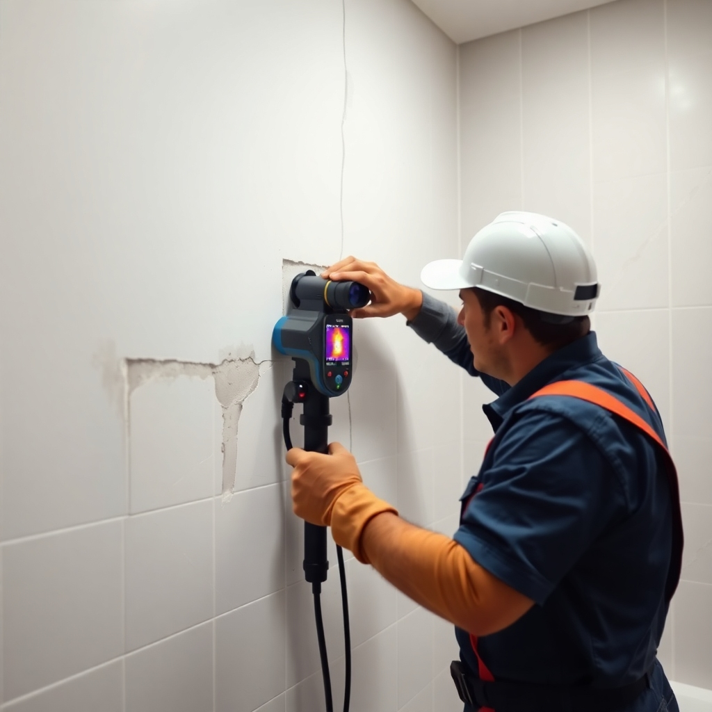 A photorealistic image depicting a plumber using advanced technology to detect a hidden water leak behind a wall.  The image should showcase the technology in use, potentially a thermal camera or moisture meter. The scene should be a section of a wall in a bathroom, with subtle water damage visible. High detail, 8k resolution, sharp focus.