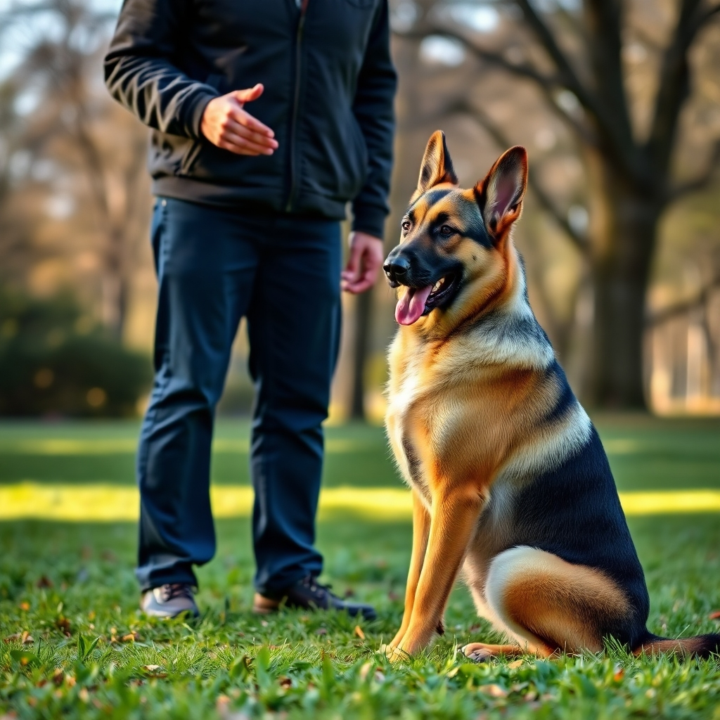 A photorealistic image depicting a German Shepherd performing a 'sit' command. The owner is positioned slightly behind the dog, maintaining calm, consistent eye contact and using a gentle hand gesture to guide the dog into position. The background is a park setting with natural light, creating a calm and serene environment. The image should emphasize the owner's clear communication, the dog's attentive response, and the overall sense of mutual respect and understanding.