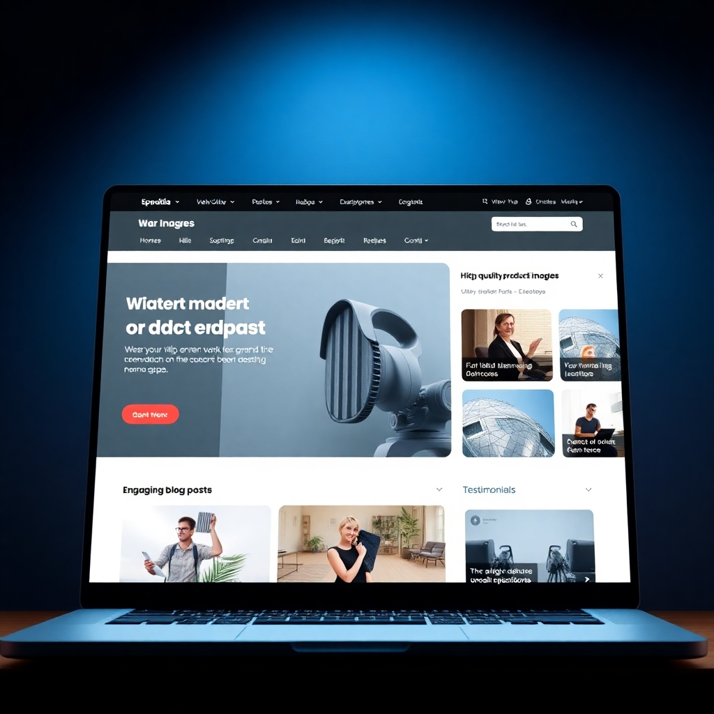A photorealistic image depicting a clean, modern website design showcasing high-quality product images, engaging blog posts, and testimonials. The website should feature a clear call-to-action and be visually appealing. The image should focus on the user experience and the visual appeal of the site.