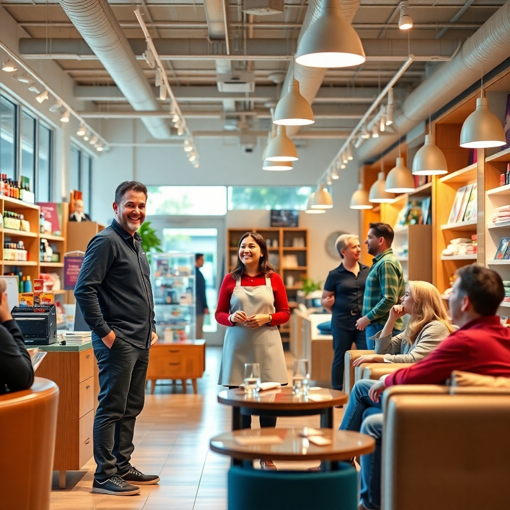 A photorealistic image depicting a warm and inviting retail store interior.  Friendly staff are shown assisting customers with a smile, offering personalized service.  The store is well-lit, clean, and organized, with comfortable seating areas provided for customers to relax.  Happy customers are engaged in positive interactions with the staff and each other.