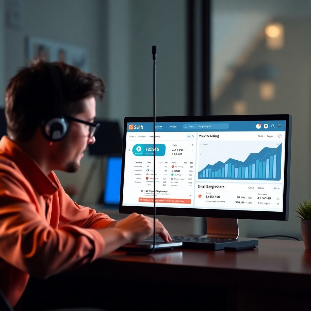 A photorealistic image depicting a split screen: one side shows a person actively engaging with their audience on various social media platforms; the other side shows an email marketing dashboard displaying positive campaign results and growing subscriber numbers