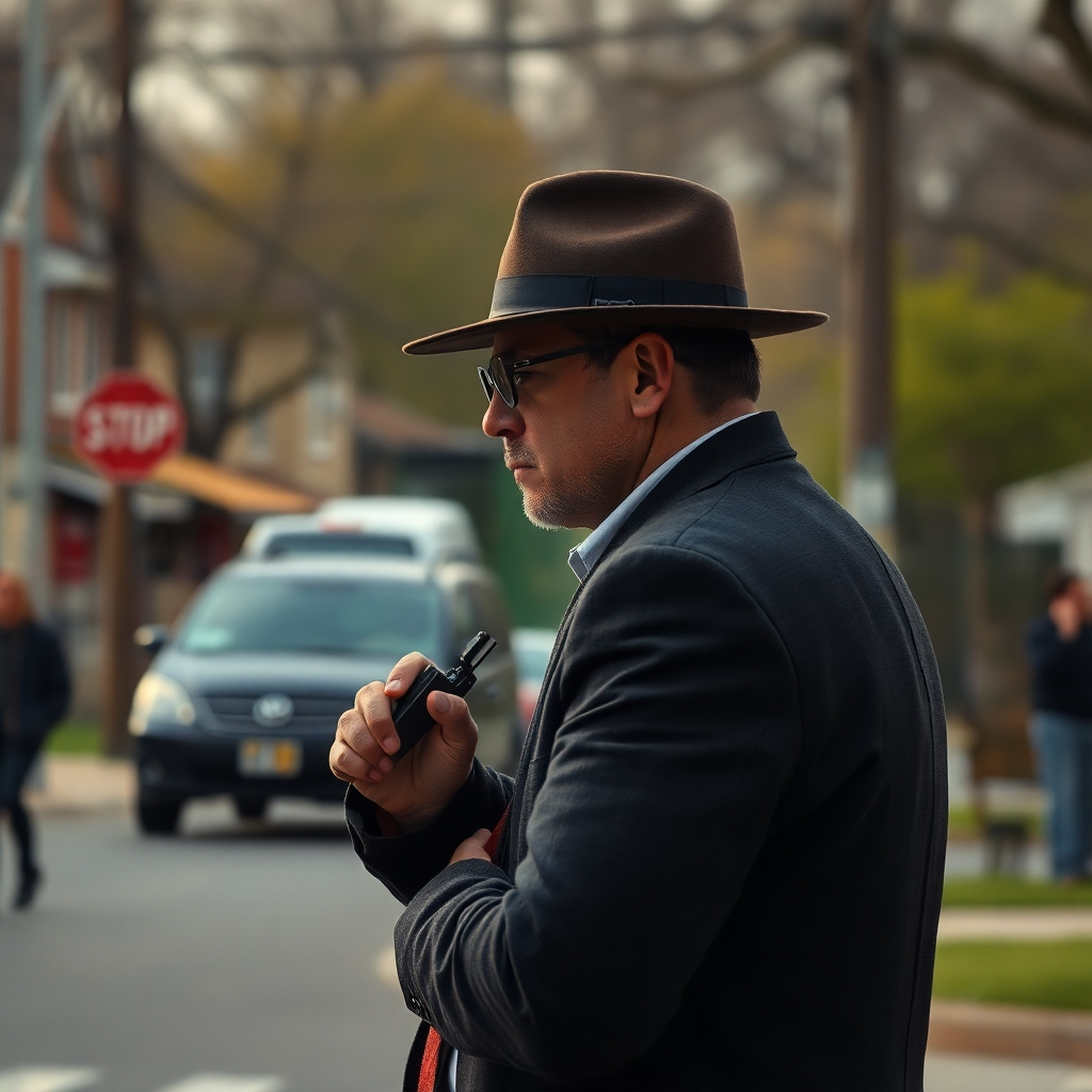 A photorealistic image depicting a private investigator discreetly observing a scene from a distance.  The scene could be a busy street or a suburban neighborhood, with the investigator subtly blending into the environment. The focus should be on the investigator's careful observation, suggesting vigilance and attention to detail. The image should be sharp and detailed, with a cinematic feel.