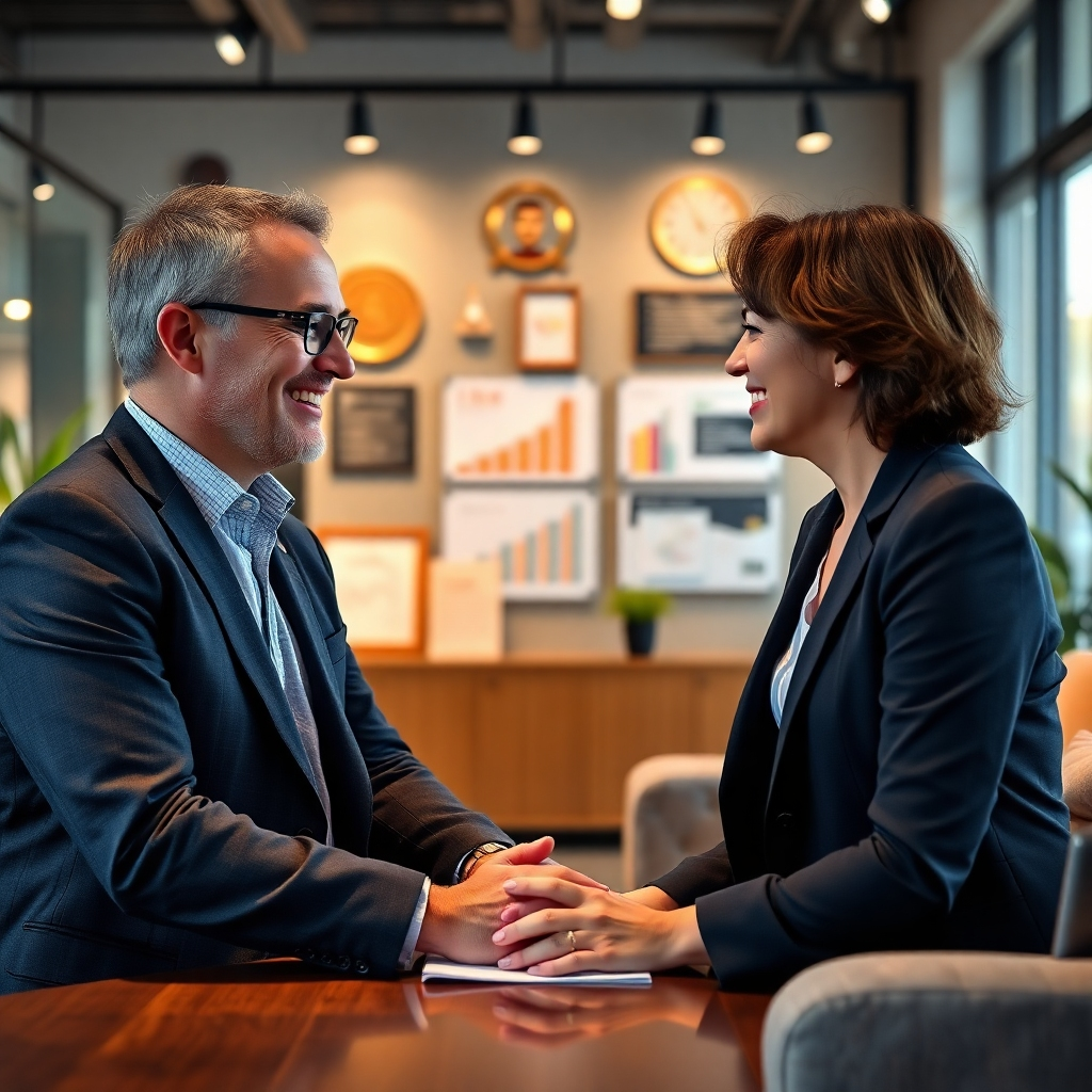 A photorealistic image depicting a warm, friendly meeting between a business consultant and a client in a modern, yet comfortable office setting. The scene should convey trust, respect, and mutual understanding. The background should subtly feature elements suggesting success, such as awards, growth charts, or positive client testimonials. The lighting should be soft and inviting, creating a positive and professional atmosphere.