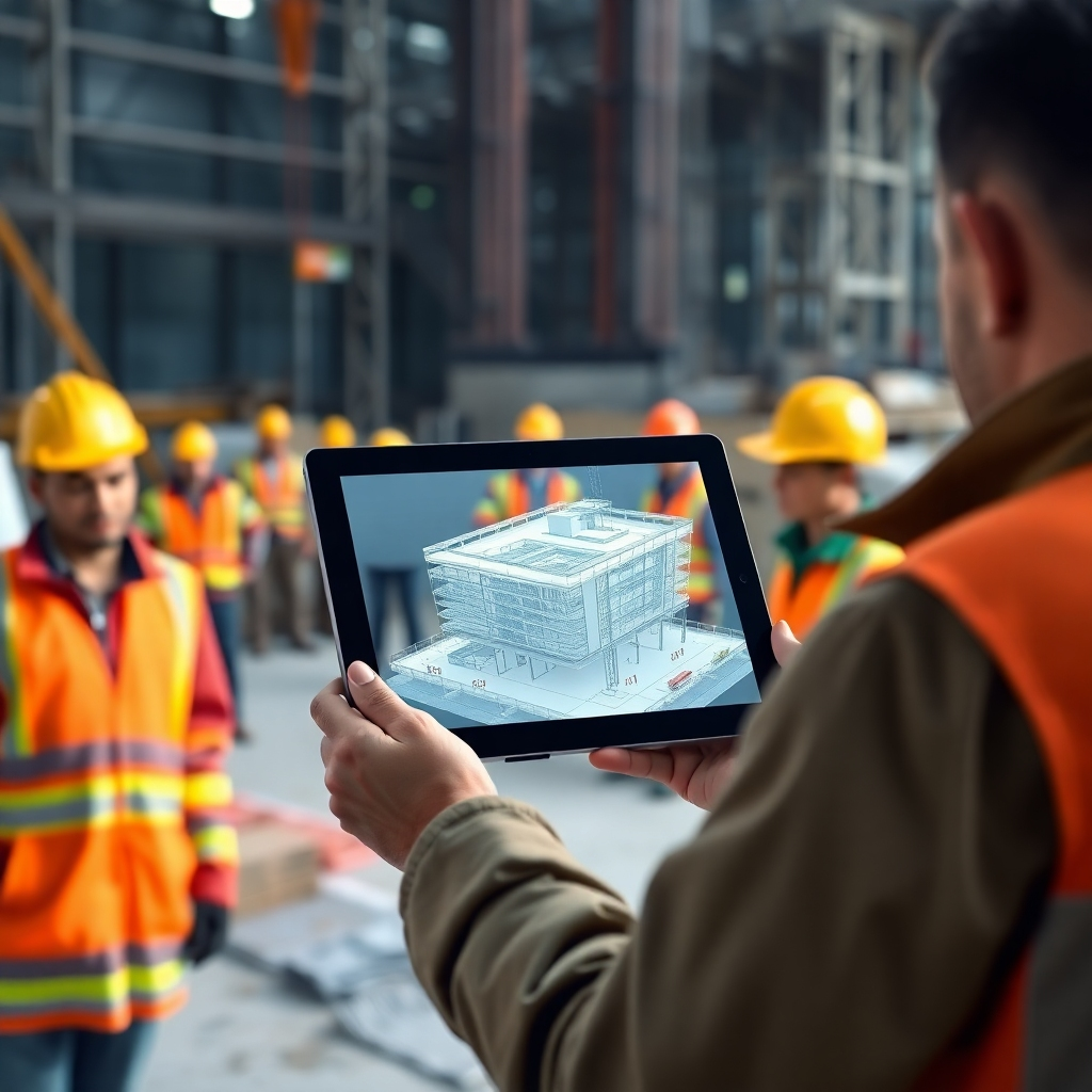 A photorealistic image depicting a construction manager using a tablet to review a 3D model of a building project, overlaid with information about resource allocation (materials, personnel, equipment) and their respective locations on the site. The image should include a diverse team of construction workers actively working in the background, highlighting the integration of technology and human resources.