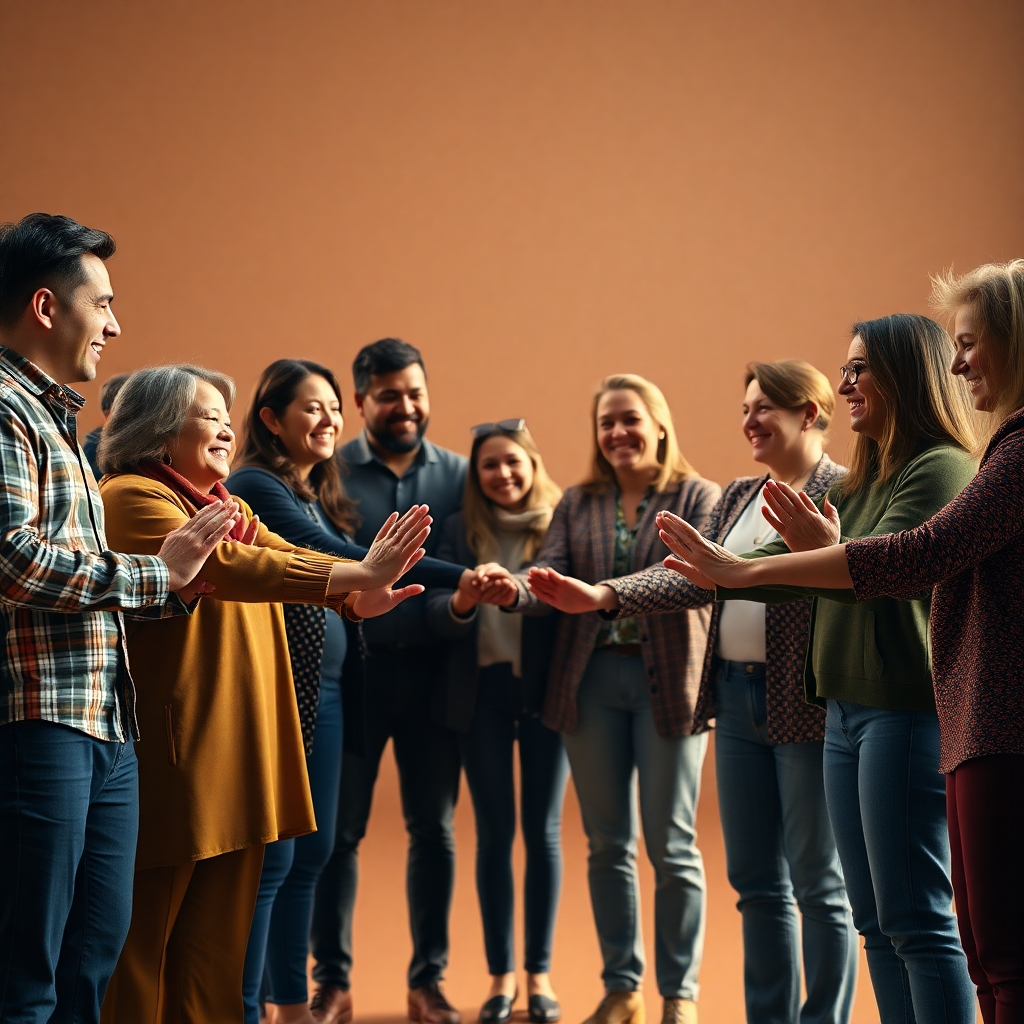 A photorealistic image depicting a diverse group of people standing in a circle, holding hands, and smiling supportively at each other. The background should be a soft, warm light. The overall atmosphere should convey a sense of unity, trust, and emotional support.