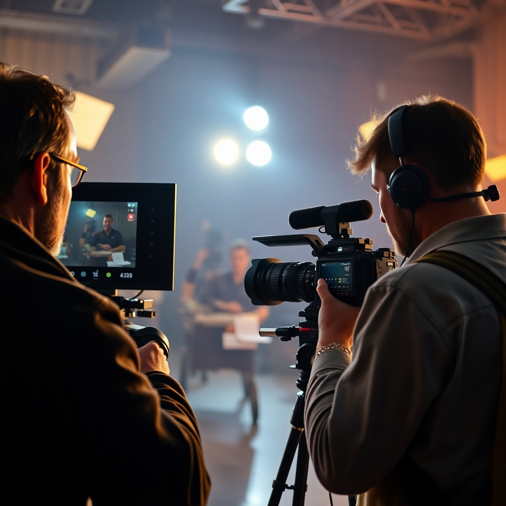 A photorealistic image depicting a professional film crew actively shooting a scene. Show a director monitoring the shot from behind a monitor, the camera operator focusing intently through the lens, and a boom operator capturing sound. Include professional lighting and equipment, conveying a professional filmmaking atmosphere.
