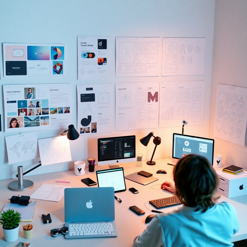 A photorealistic image depicting a designer's workflow, showing various stages of a design project.  The image should include mood boards, sketches, wireframes, prototypes, and user testing sessions, all seamlessly connected to show the iterative process. Use a clean workspace with digital tools like design software displayed, showcasing the evolution from initial concept to final product.  Emphasize the continuous feedback loop and improvement throughout the process.