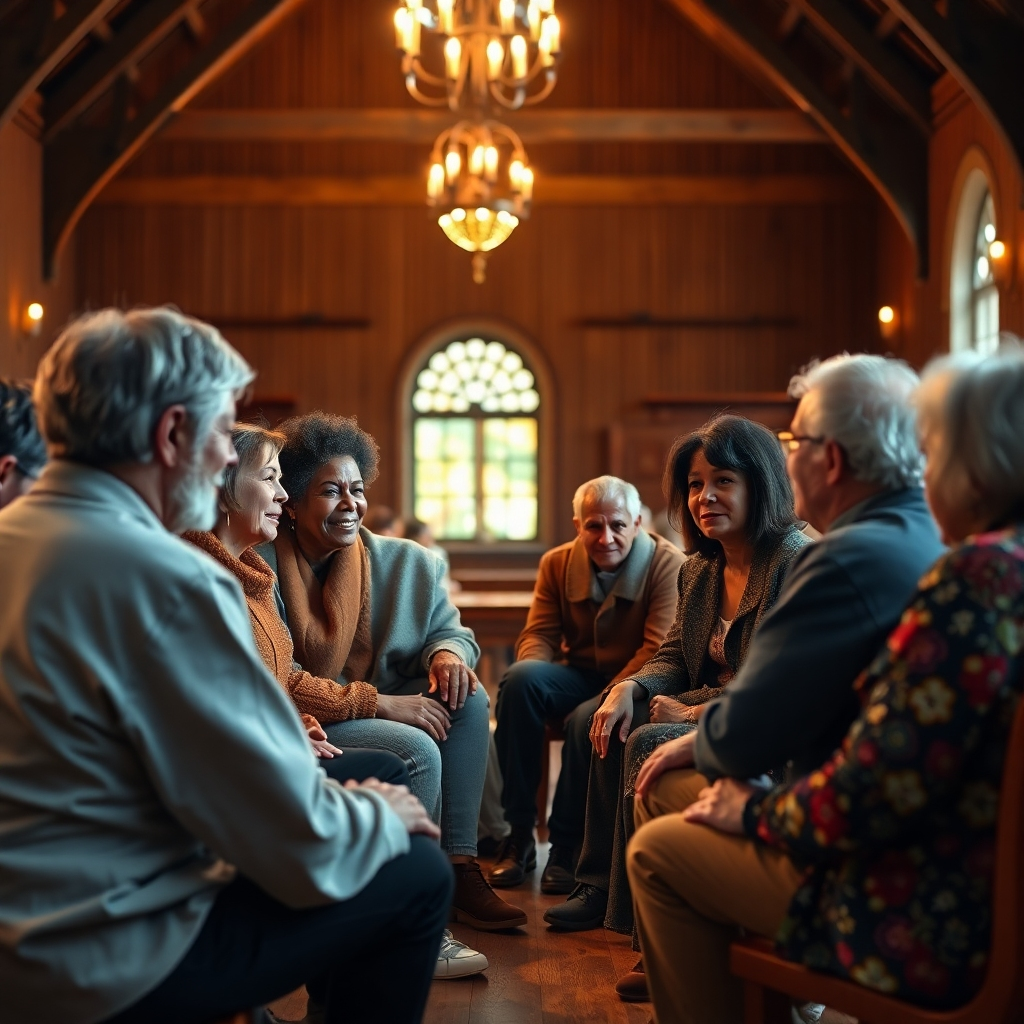 A photorealistic image depicting a diverse group of people of different ages and backgrounds sitting in a circle in a warmly lit church hall, engaging in a comforting and supportive conversation. The scene should feel intimate and peaceful, emphasizing connection and empathy.  Focus on genuine expressions of care and understanding. The image should have a shallow depth of field to keep the focus on the people.