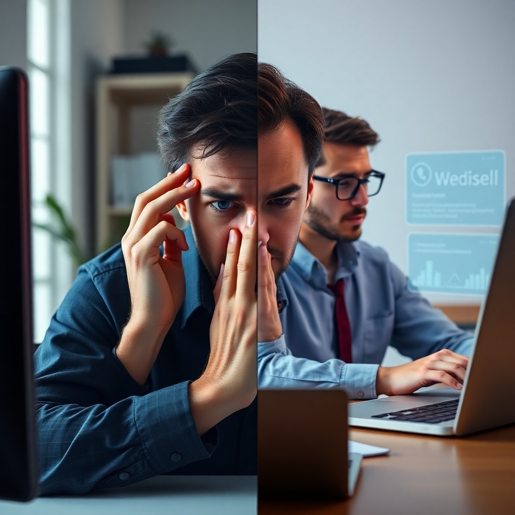 A photorealistic image depicting a split screen. One side shows a person struggling to manage multiple tasks, appearing stressed and overwhelmed. The other side shows the same person calmly working on a single task, with a virtual assistant interface subtly in the background, showing automated tasks being completed. The image should emphasize the contrast between stress and calm, highlighting improved efficiency.