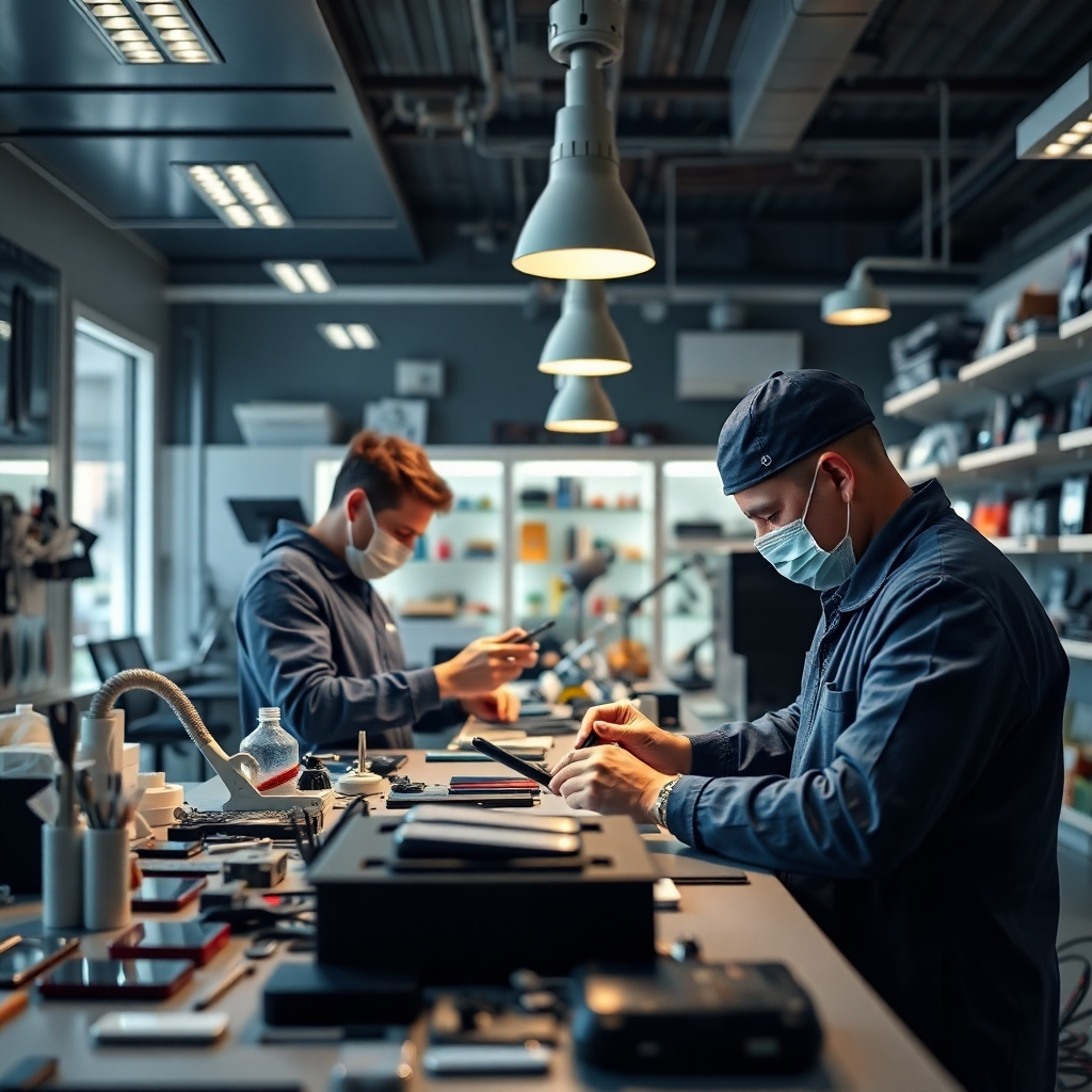 A photorealistic image depicting a modern, clean and organized mobile phone repair shop.  Show various phones in different stages of repair, with technicians working attentively. Highlight the various tools and equipment used in the repair process; create an inviting and professional atmosphere that conveys trust and expertise.