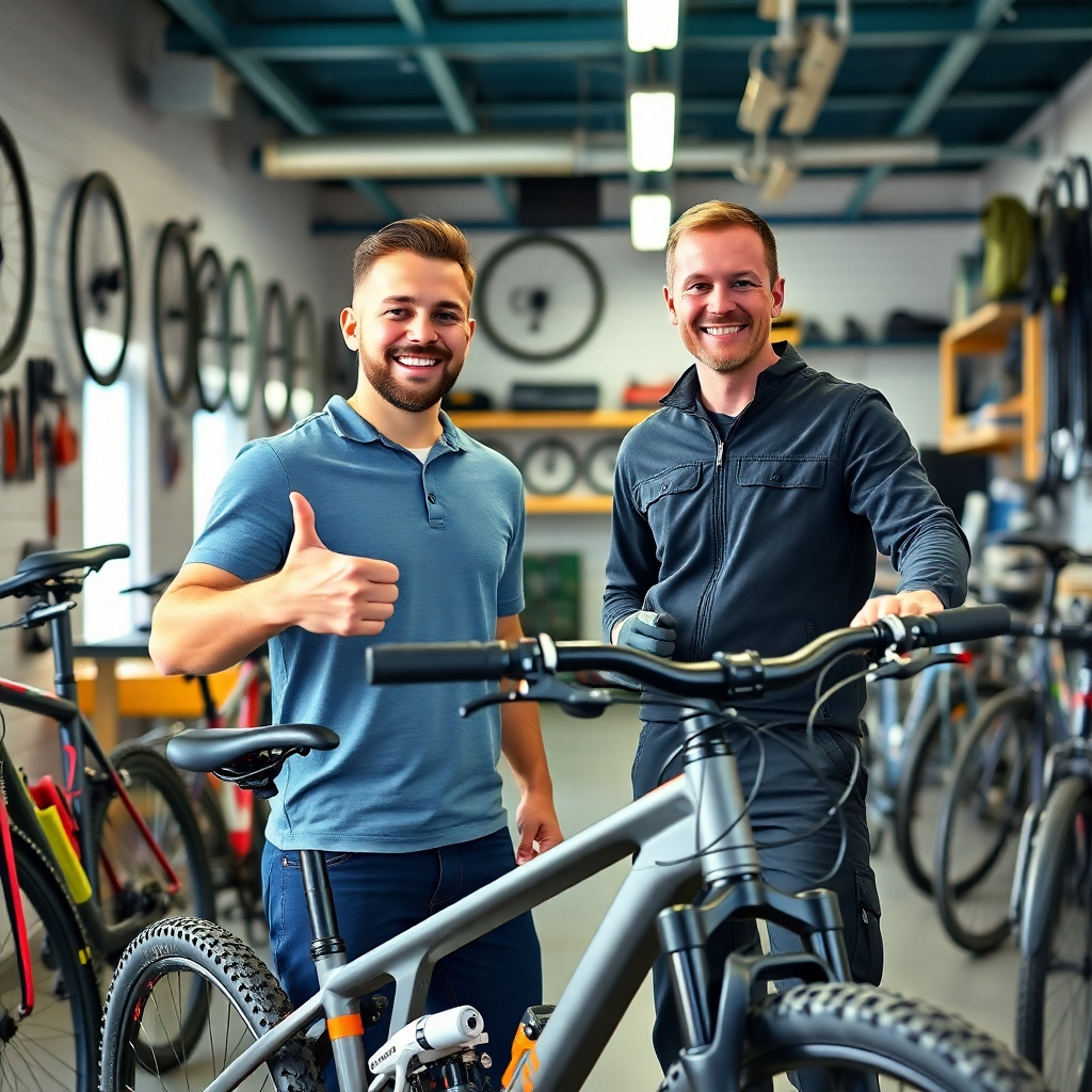 A photorealistic image depicting a satisfied customer smiling and giving a thumbs up next to their bicycle, with a friendly bike mechanic standing beside them in a clean, well-lit bike shop. The bike shop should be filled with various bikes and tools, showcasing a professional and trustworthy atmosphere. The overall vibe should feel positive and welcoming.