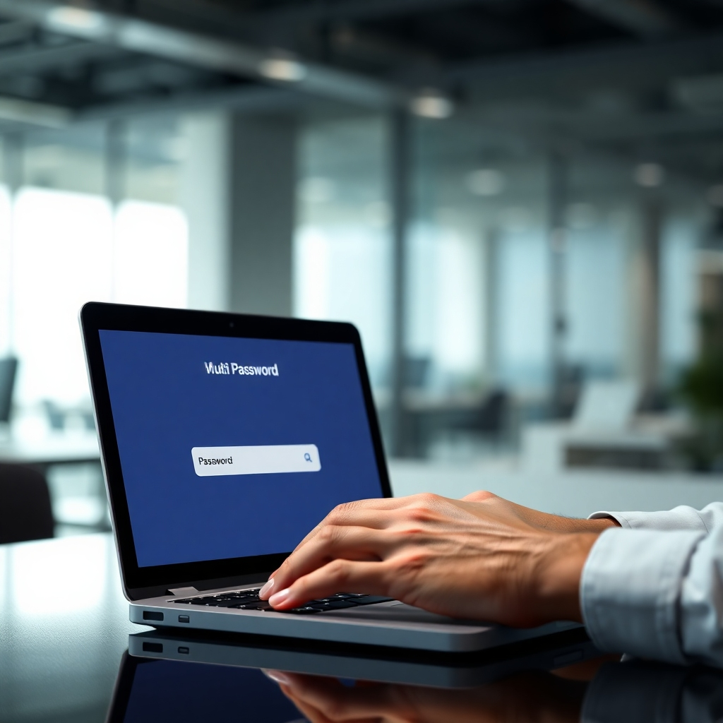 A photorealistic image depicting a person typing a complex password on a laptop, with a phone displaying a multi-factor authentication code in the background.  The background should be a blurred image of a modern office. The image should convey a sense of security and vigilance.  The lighting should be soft and professional. The overall mood should be one of proactive security.