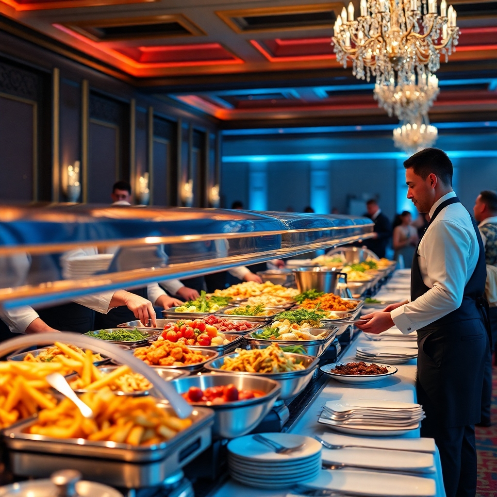 A photorealistic image depicting a professional catering team efficiently and smoothly setting up a lavish buffet for a large event.  The team should appear calm, skilled, and well-organized. The background should suggest a bustling yet elegant event in progress, perhaps with glimpses of happy guests. The image should convey a sense of seamless execution and professionalism.