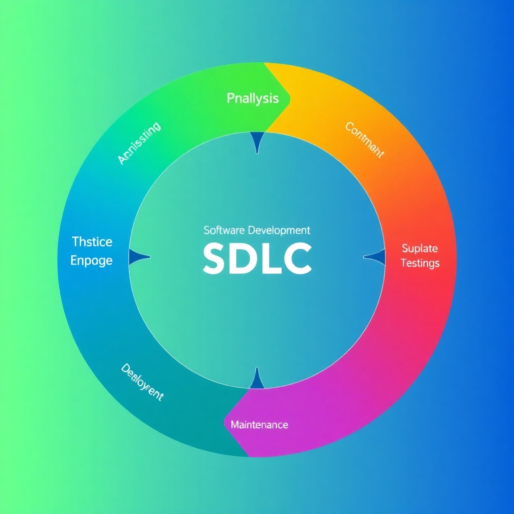 A photorealistic image depicting a circular flowchart illustrating the Software Development Life Cycle (SDLC).  Each stage (Planning, Analysis, Design, Development, Testing, Deployment, Maintenance) should be clearly labeled within a colored segment of the circle. Use a clean, modern design with vibrant, easily distinguishable colors. The background should be a subtle gradient of blues and greens. The overall style should be professional and informative.