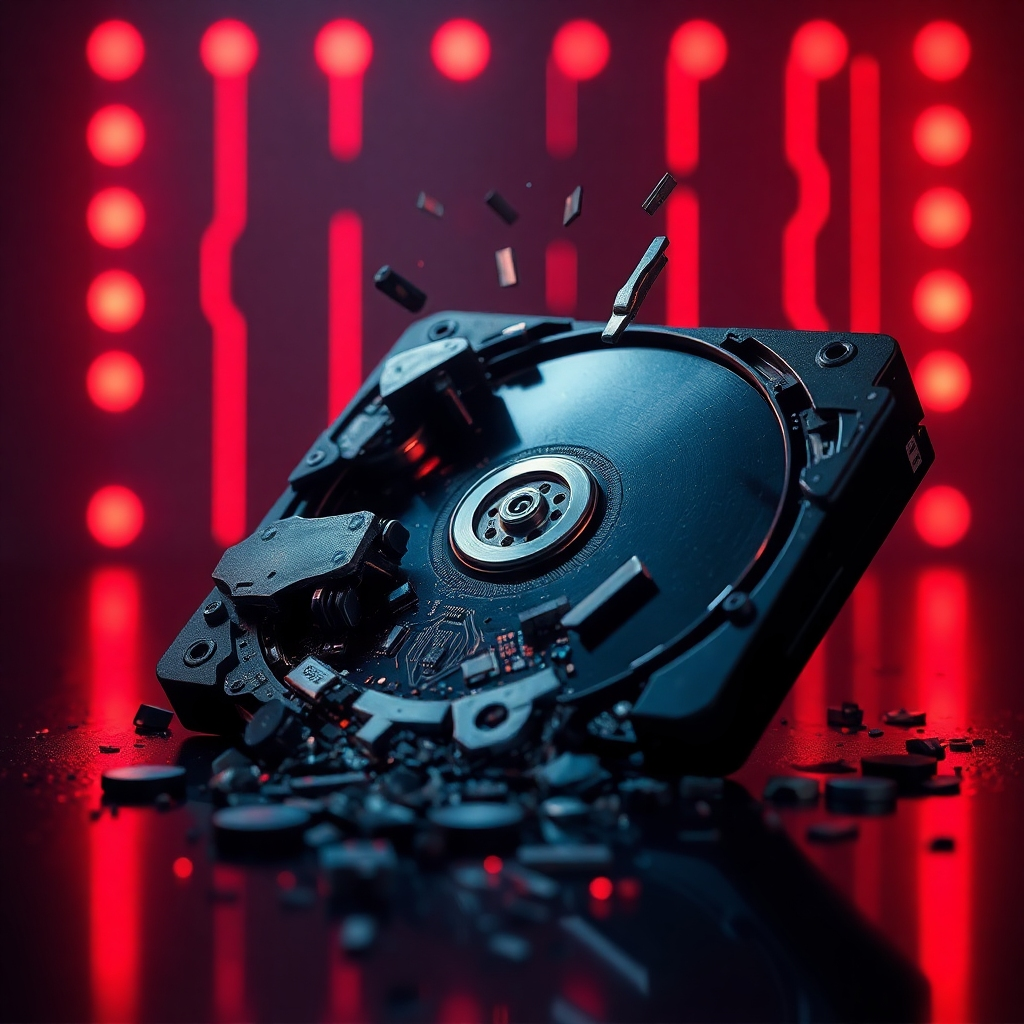 A photorealistic image depicting a shattered hard drive with exposed circuit boards and data streams floating away, symbolizing data loss. The background should be a dark, ominous setting with flashing red lights, representing the severity of the breach.