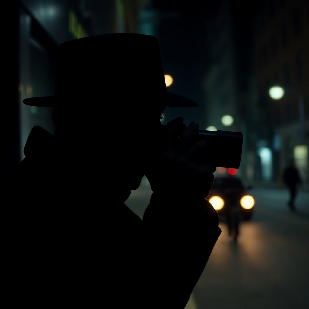 A photorealistic image depicting a private investigator discreetly observing a subject from a distance, using binoculars, in a dimly lit city street at night. The investigator is shrouded in shadow, and the subject is subtly blurred in the background, emphasizing secrecy and professionalism.  The overall mood is serious and intense.