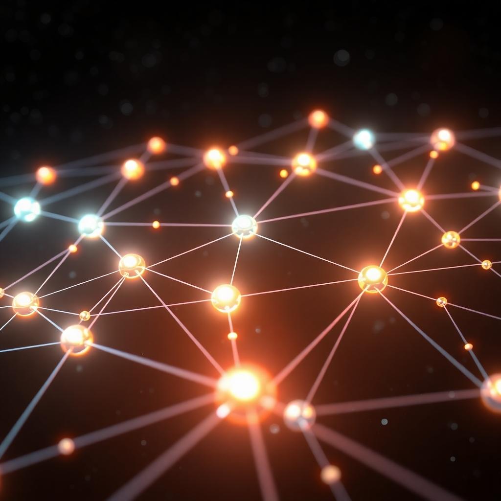 A photorealistic image depicting a futuristic, interconnected network of glowing nodes, each representing a computer or device, forming a complex web.  The nodes should be diverse in color and size, highlighting the decentralized nature.  The background should be a dark, starry space, symbolizing the vastness of the network. The overall style should be clean, modern and technological.