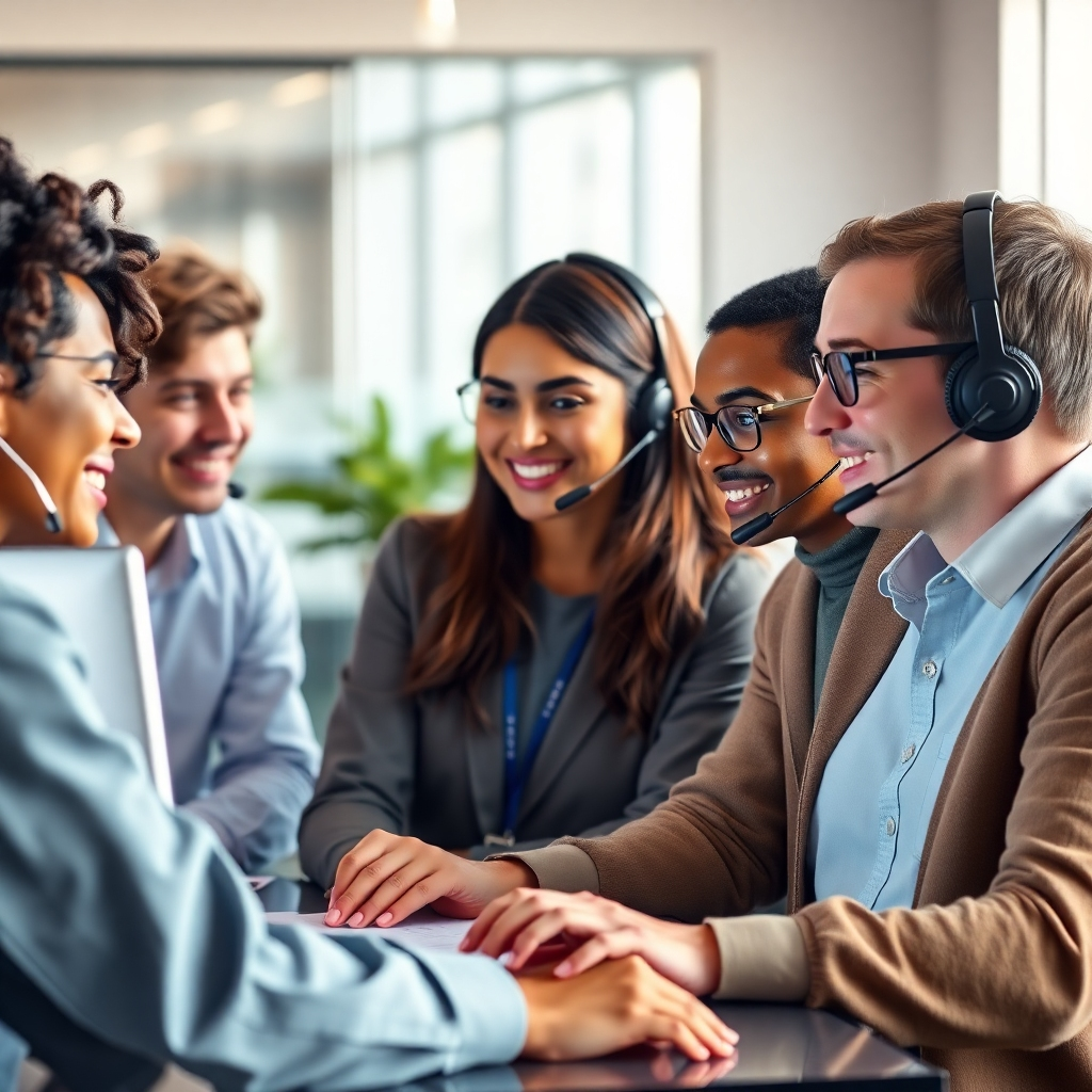 A photorealistic image depicting a friendly, diverse team of customer service representatives using CRM software to interact with customers. The software interface should be clean and easy to understand, highlighting key features like customer profiles, communication logs, and sales pipelines. The atmosphere is collaborative, positive and customer-centric
