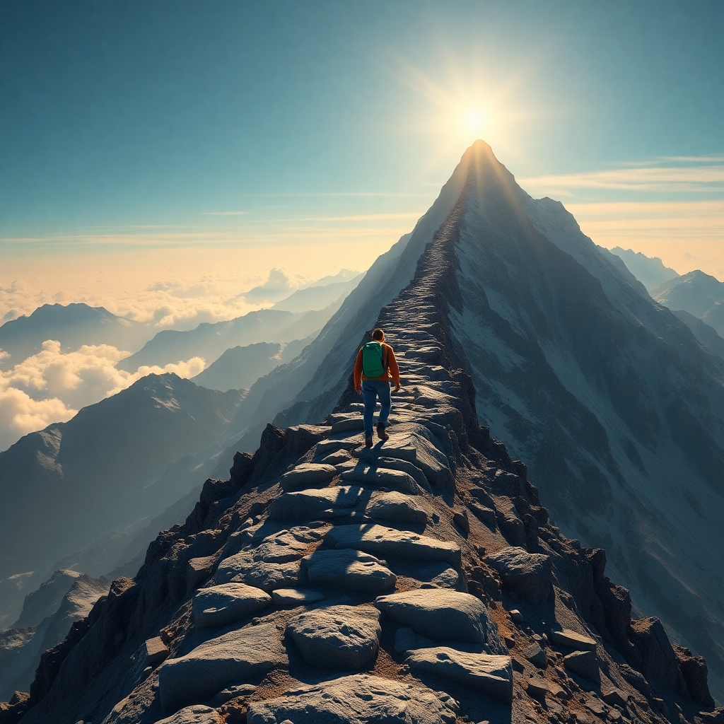 A photorealistic image depicting a person climbing a mountain, with each step representing a small goal achieved. The summit represents a larger life goal, while the path shows the journey of achieving it. The image should focus on perseverance and a clear path to success.
