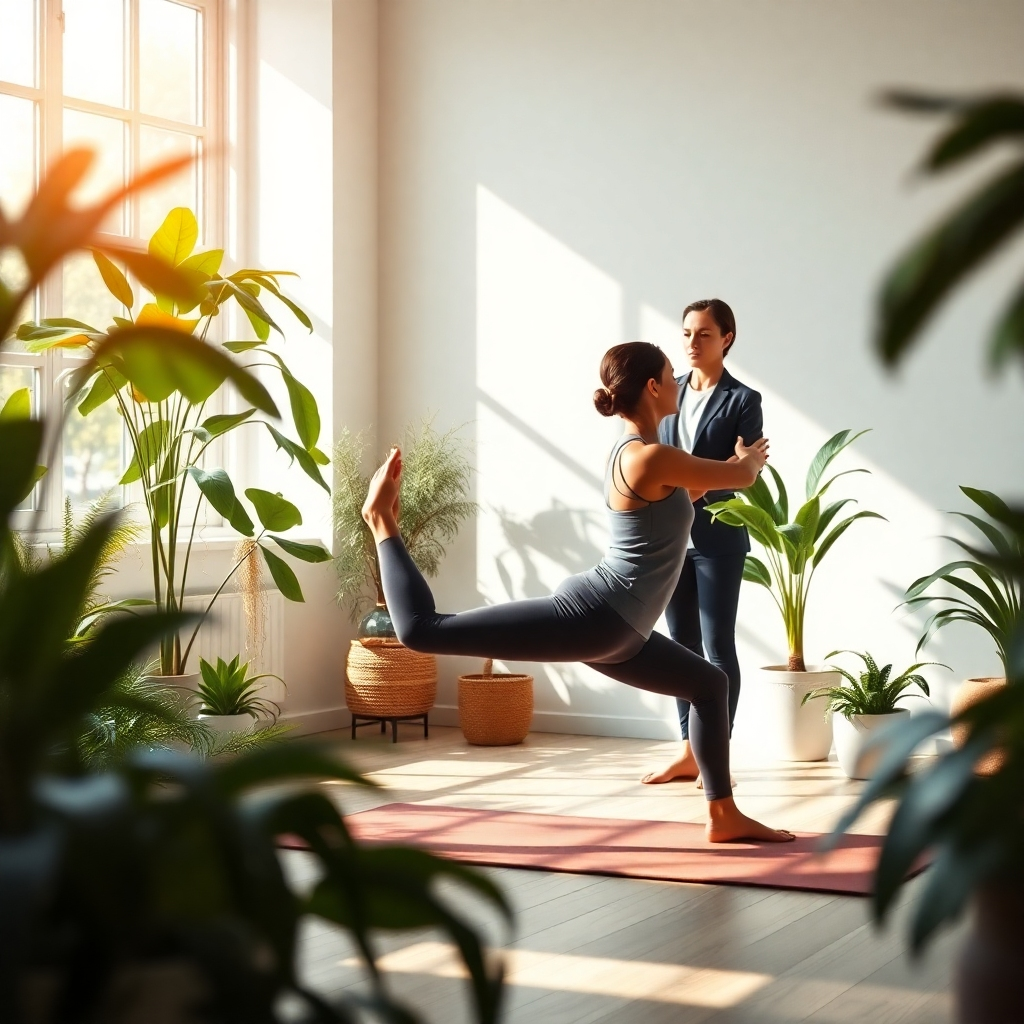 A photorealistic image depicting a serene scene: a person practicing yoga in a sunlit room filled with plants, with a wellness consultant in the background gently guiding the posture. The image should convey calmness and balance.