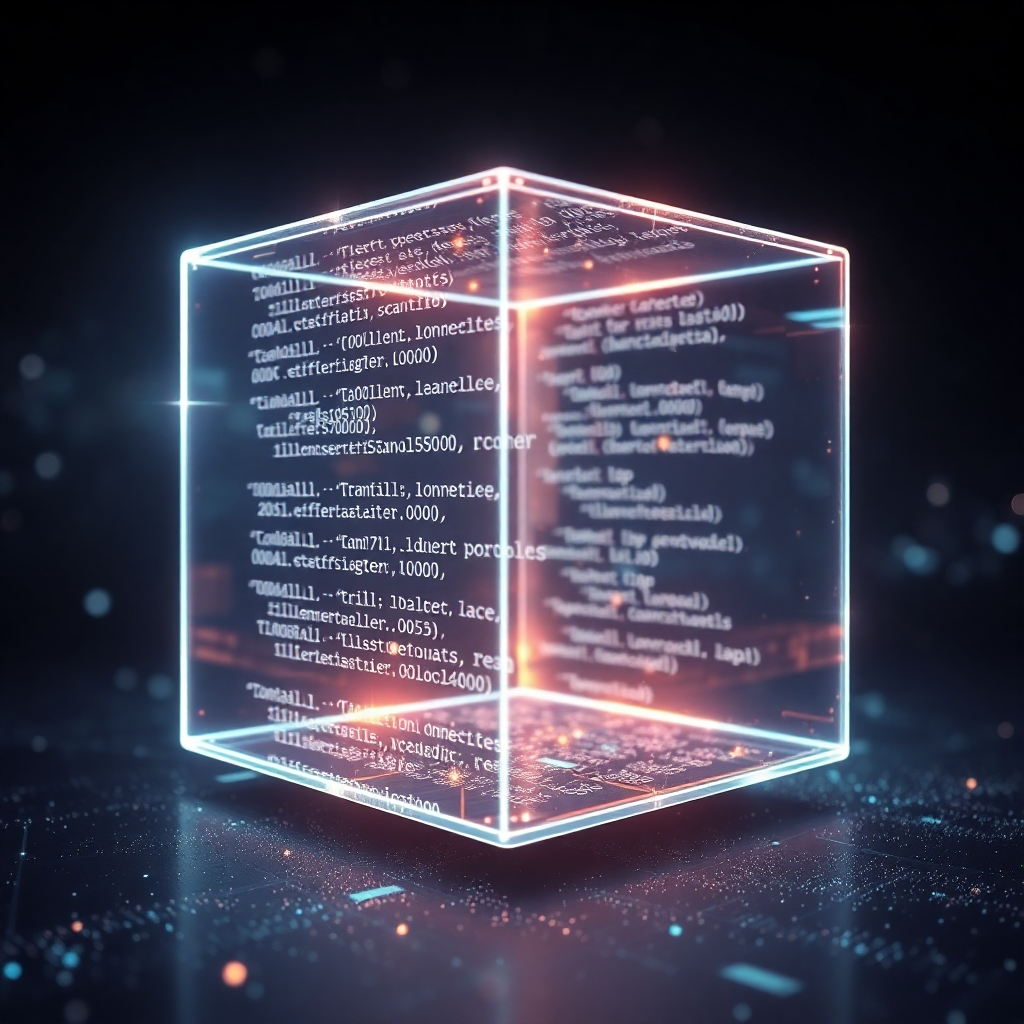 A photorealistic image depicting a glowing, transparent cube containing lines of code floating within.  The cube should be intricately detailed, with the code appearing complex and sophisticated. The background should be a dark, abstract digital landscape with shimmering particles of light. The overall impression should be one of technological sophistication and security.