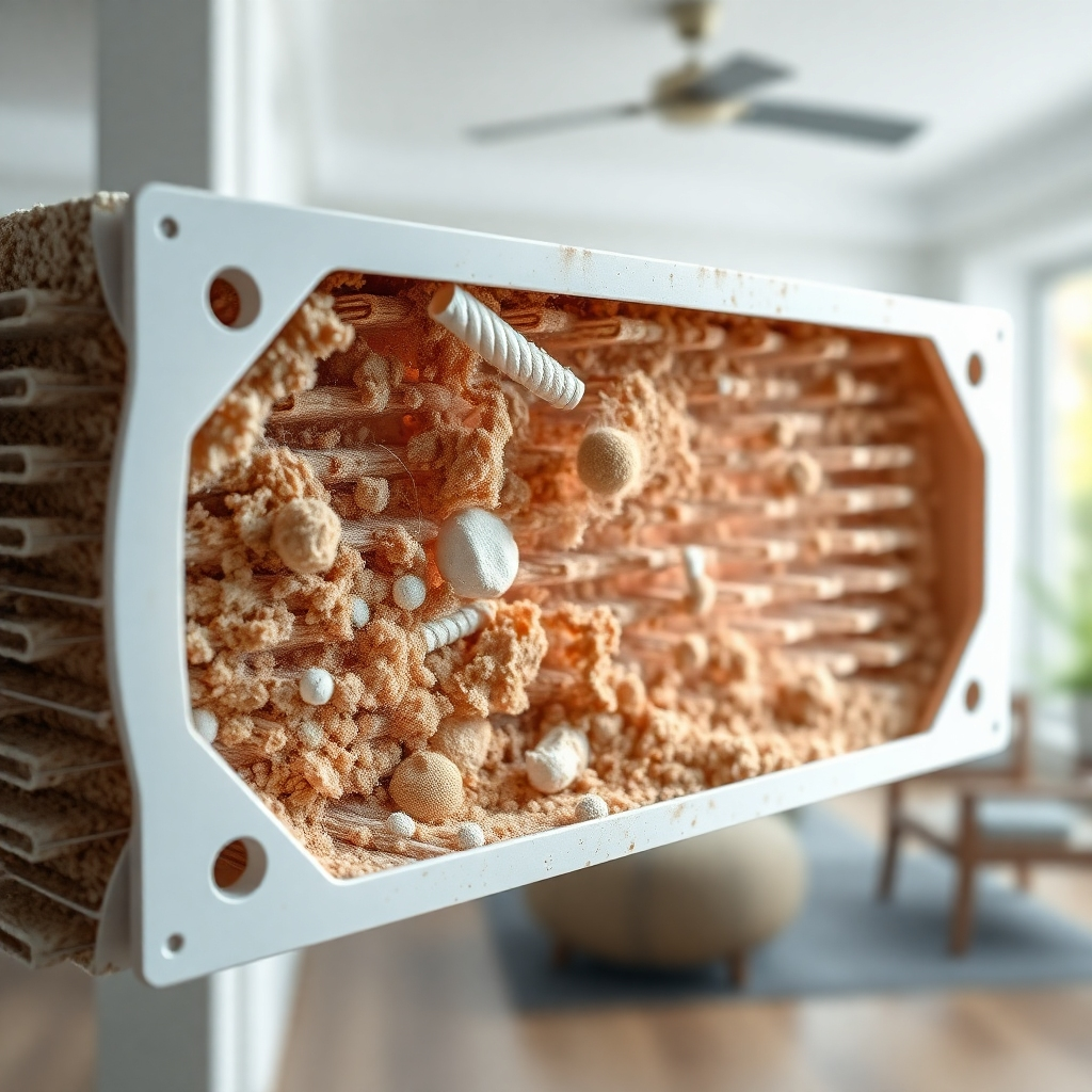 A photorealistic image depicting a cross-section of an HVAC air filter, revealing trapped dust, pollen, and other pollutants.  High resolution, showcasing the filter's intricate structure.  The background could subtly feature a clean, healthy-looking interior space, contrasting the dirty filter.