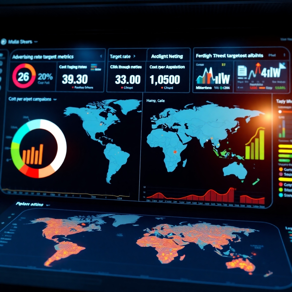 A photorealistic image depicting a sophisticated dashboard showing various targeted advertising campaign metrics, such as click-through rates, conversion rates, and cost-per-acquisition, overlaid with a stylized world map highlighting specific target regions. The overall aesthetic should be modern, clean and professional, conveying data-driven precision and efficiency.