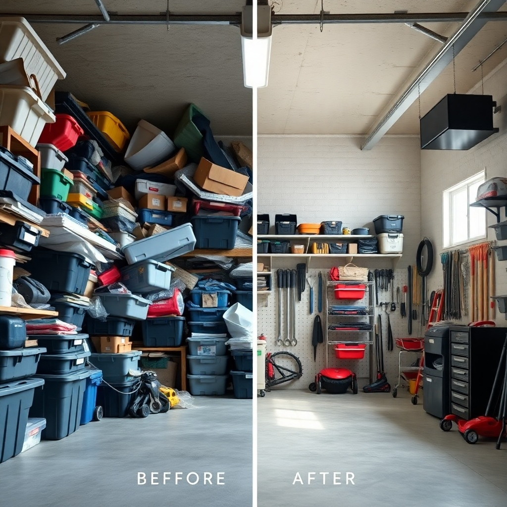 A photorealistic image depicting a before-and-after of a cluttered garage transformed into a clean, organized space after junk removal.  The 'before' shows overflowing bins and haphazardly stacked items; the 'after' shows neatly arranged tools and clearly defined storage areas.  Bright, natural lighting enhances the contrast.