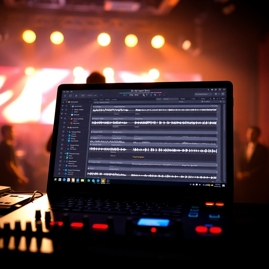 A photorealistic image depicting a DJ's laptop screen showing a meticulously organized digital music library, with waveforms and track information clearly visible. The DJ is in the background, silhouetted against a brightly lit stage, looking focused and immersed in their work. The overall vibe is one of creative focus and thoughtful selection.