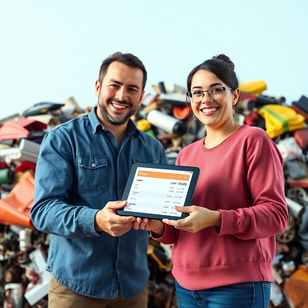 A photorealistic image depicting a transparent pricing chart or a happy customer receiving a low-price quote on a tablet, contrasted with an image of a large pile of junk that has been efficiently cleared away. The overall scene should convey affordability and value for money.  Use bright and clear colors to highlight transparency and savings.