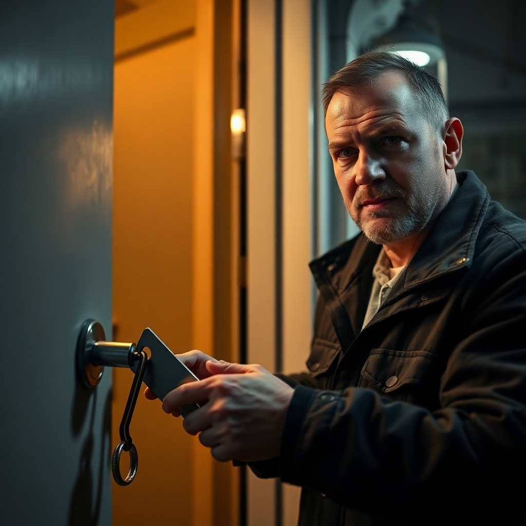 A photorealistic image depicting a locksmith using specialized tools to unlock a front door at night.  The scene should be dimly lit, emphasizing the urgency of the situation. The locksmith should appear professional and reassuring. Focus on the detailed tools and the locksmith's focused expression.