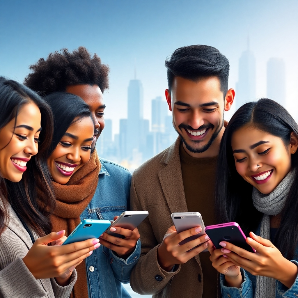 A photorealistic image depicting a diverse group of people from different backgrounds, smiling and confidently using their smartphones to access decentralized finance applications. The background should feature a futuristic city skyline with subtle blockchain technology elements, conveying a sense of innovation and global reach. The overall mood should be optimistic and inclusive, emphasizing the accessibility and empowerment aspects of decentralized finance.